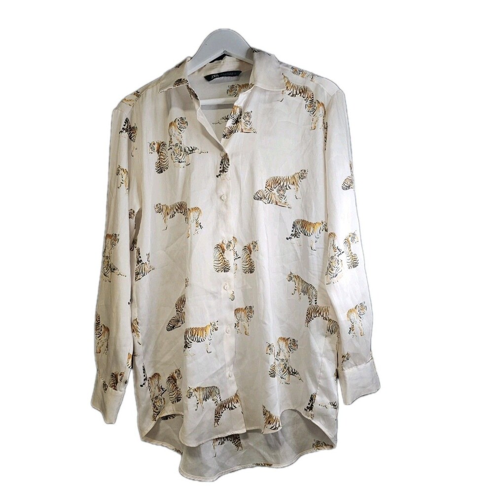 Zara Animal Print Tiger Blouse XS Ivory Safari Chic Lightweight Shirt